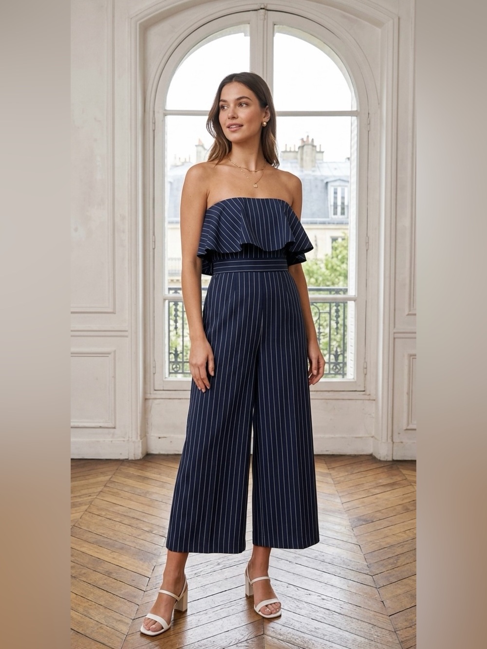 Strapless Jumpsuit in Navy Pinstripe